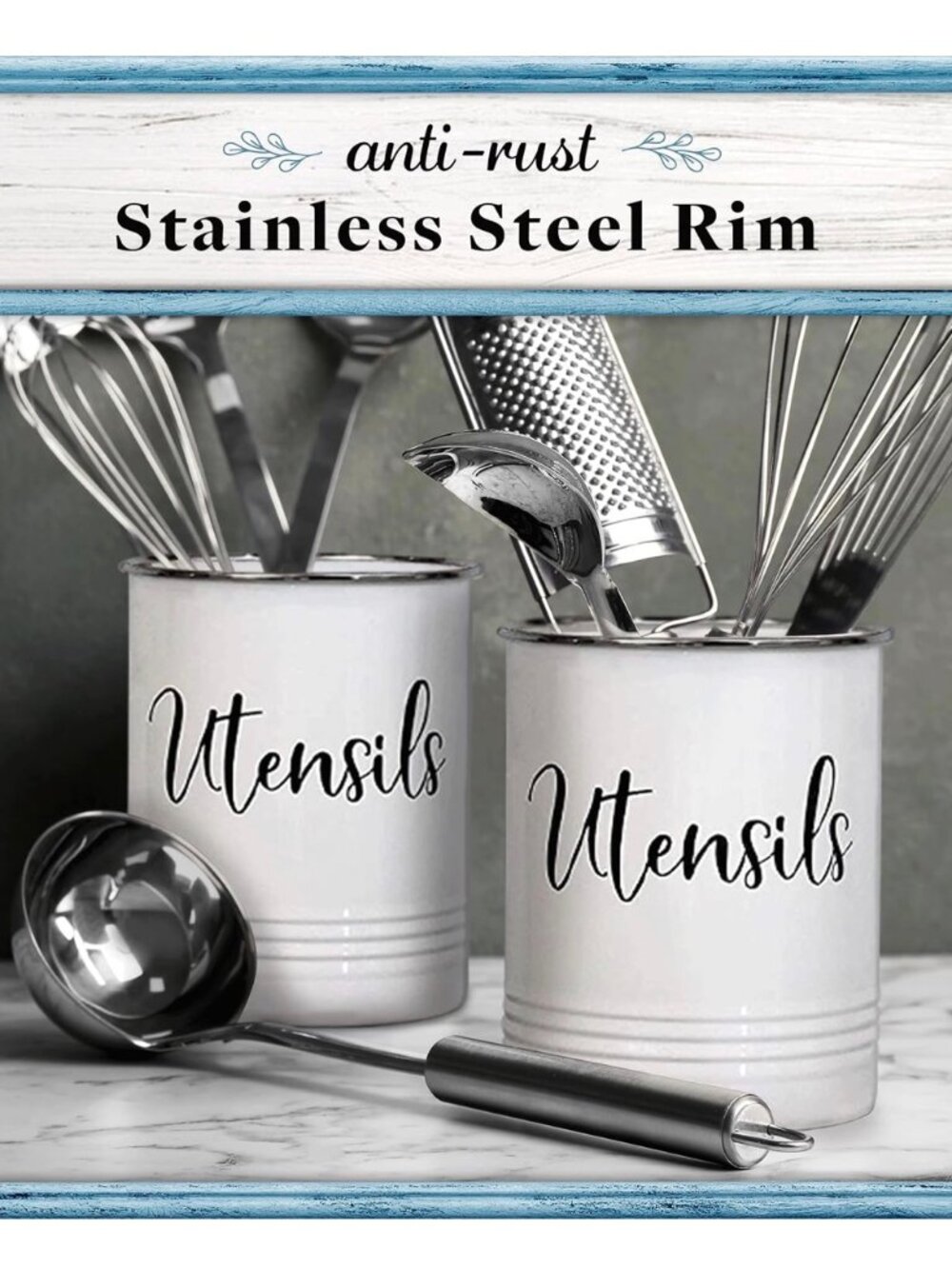 Farmhouse Style Metal Utensils Holder with Stainless Steel RIm